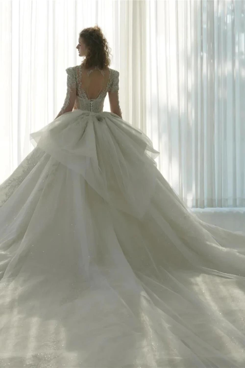 Dazzling Ball Gown Deep V-Neck Tulle Wedding Dress with Beaded Embroidery & Illusion Cut-Out Back Q-6022 (ZD16918)