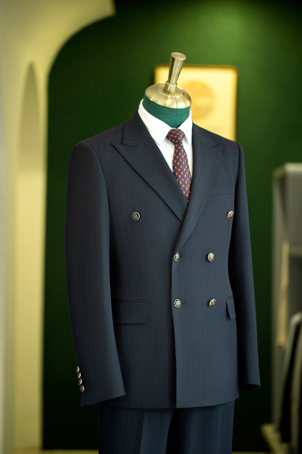 Traje de lana de rayas azul marino de doble botonadura para novios y negocios