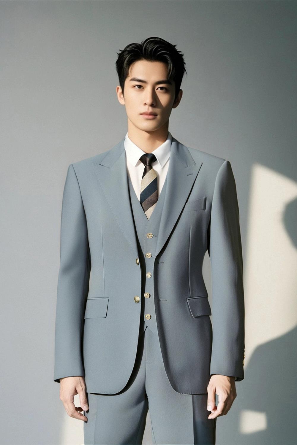 Traje de Tres Piezas en Lana Gris Claro para Novio y Formal de Negocios