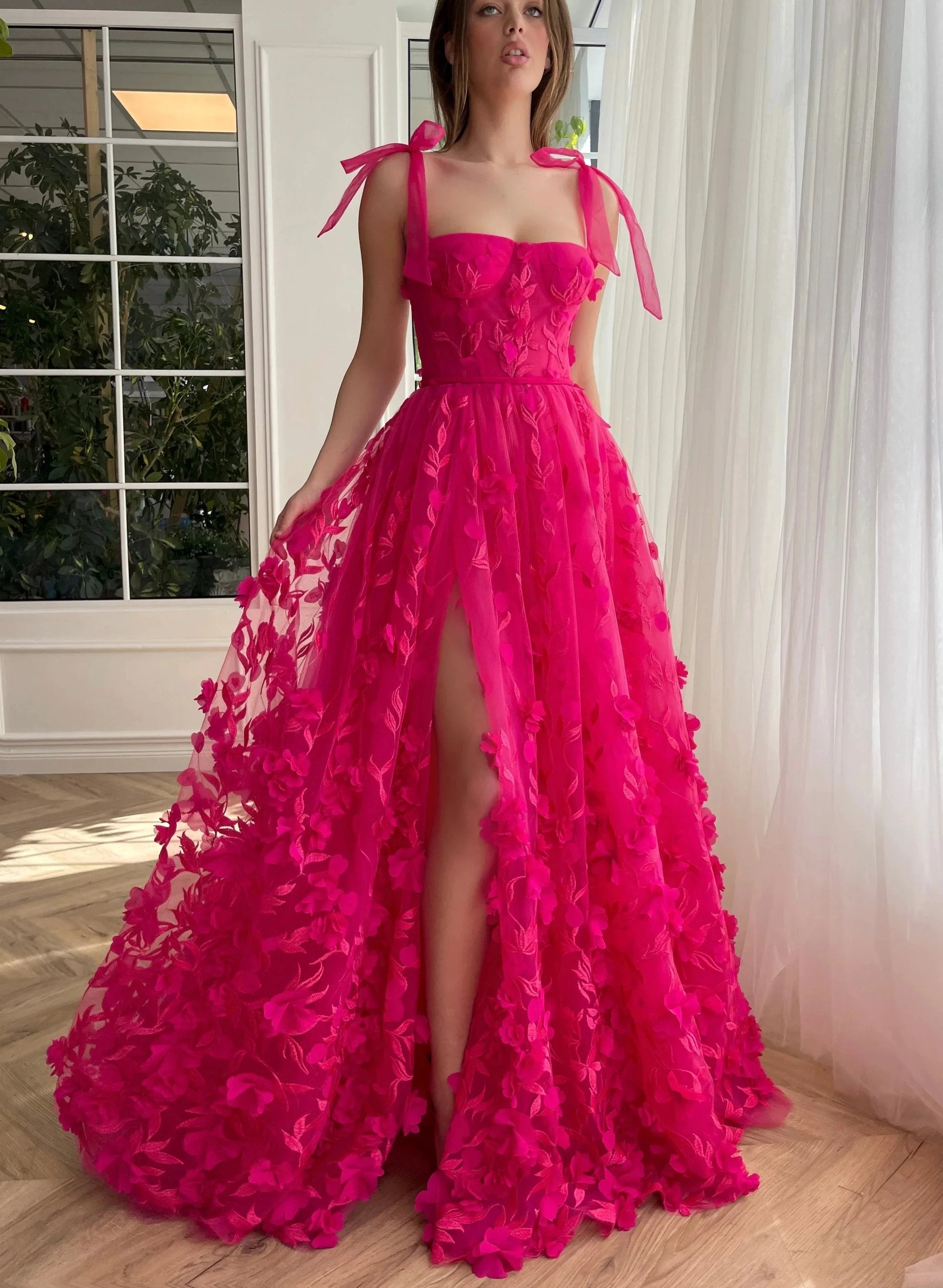 Kayleigh | Fuchsia Elegant A-line 3D Flower Lace Prom Dress With Slit by KissProm