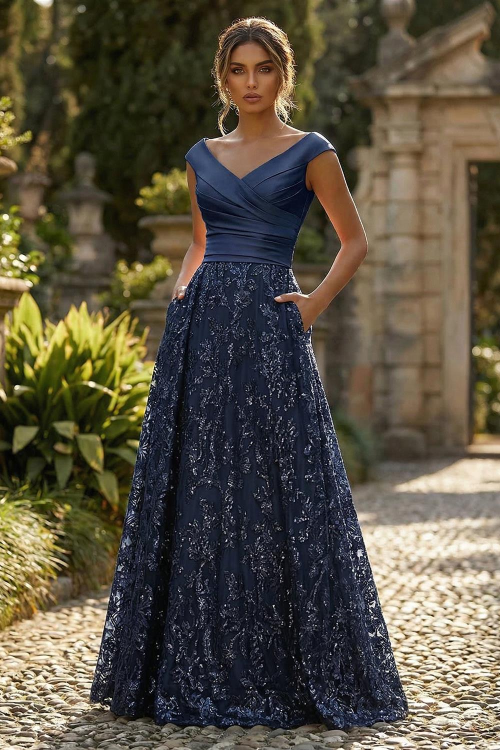 A-Line Floral Sequin Lace Floor-Length Mother of the Bride & Groom Dresses with Ruched Satin Bodice (SHI22500639)