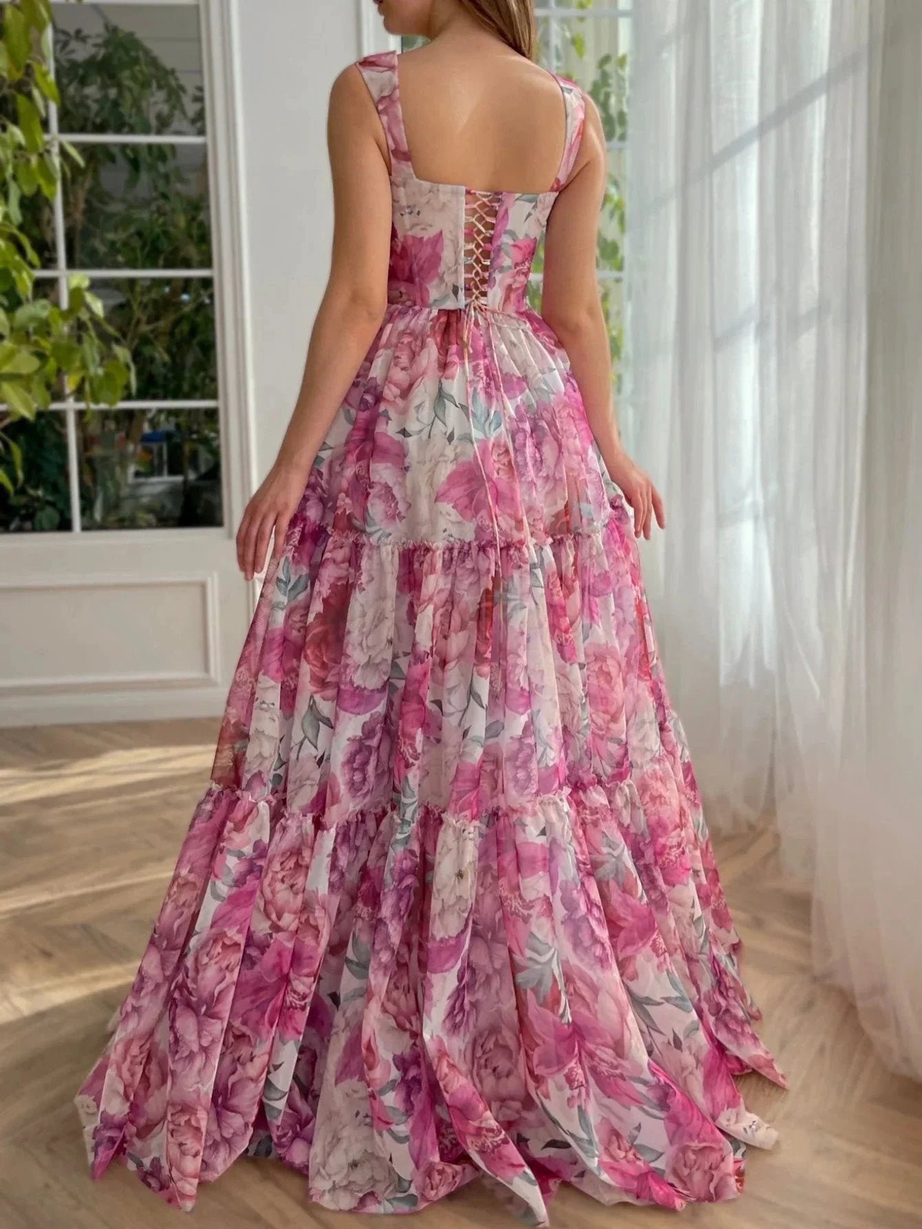 A Line Floral Pink Long Prom Dress by KissProm