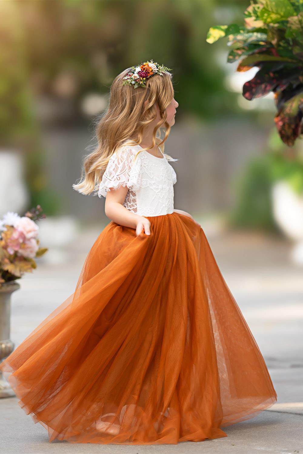 Lace Ankle-length Burnt Orange Boho Flower Girl Dress