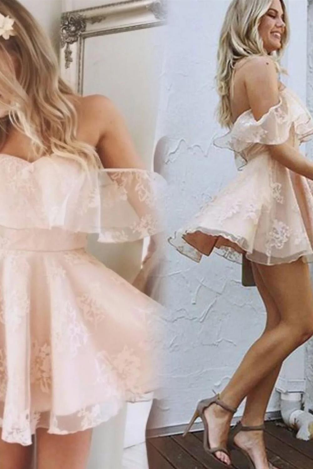 Vestidos de Renda para Regresso a Casa com Decote Ombro a Ombro e Costas Médias em Linha A