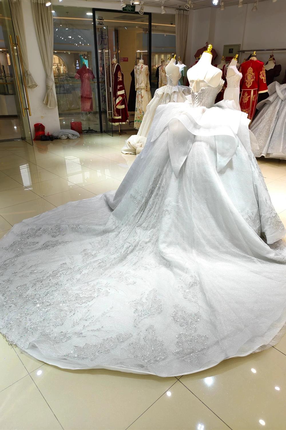Vestido de gala sin tirantes Silver Haze: busto con cuentas doradas y cola con volantes