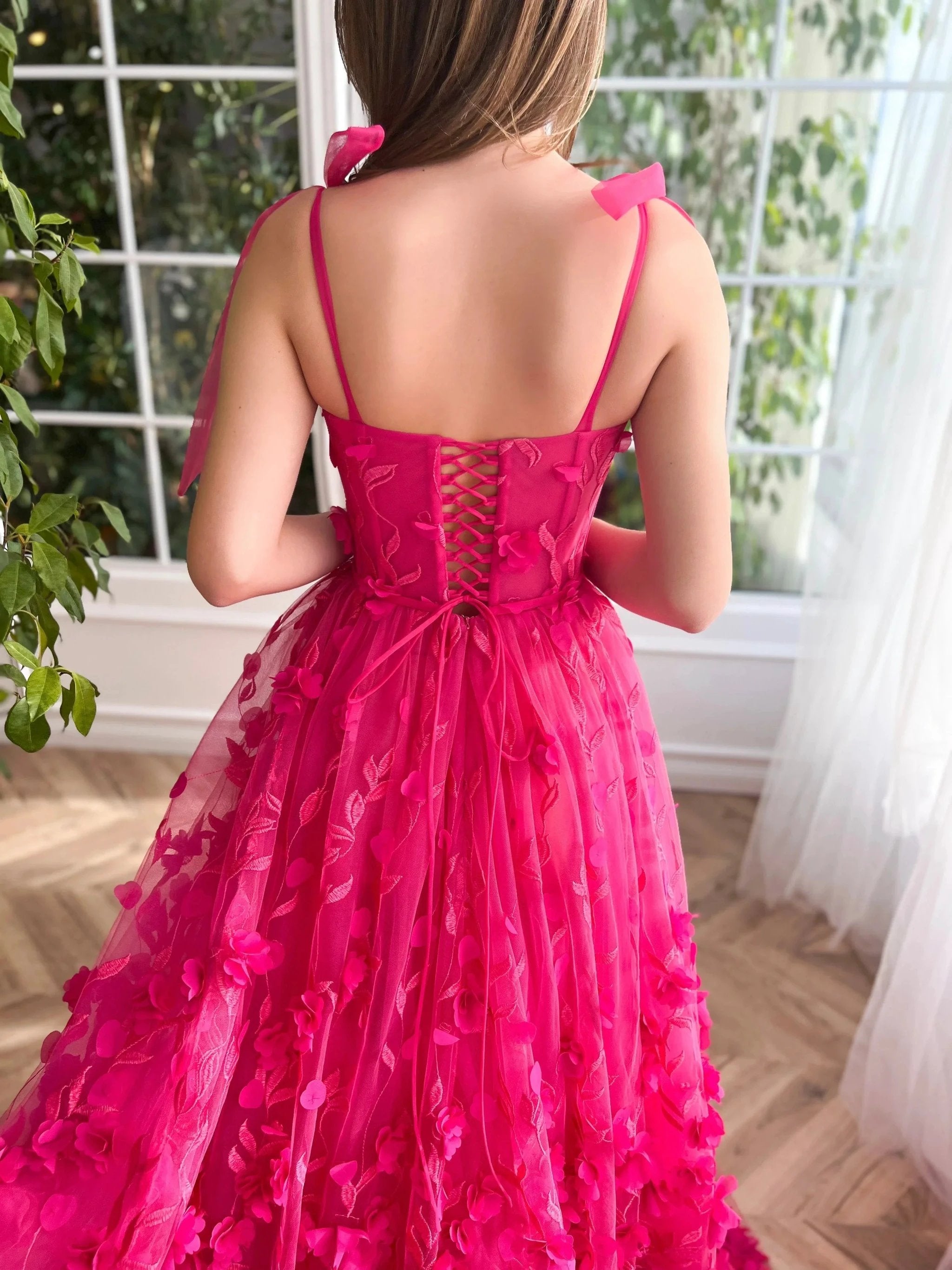 Kayleigh | Fuchsia Elegant A-line 3D Flower Lace Prom Dress With Slit by KissProm