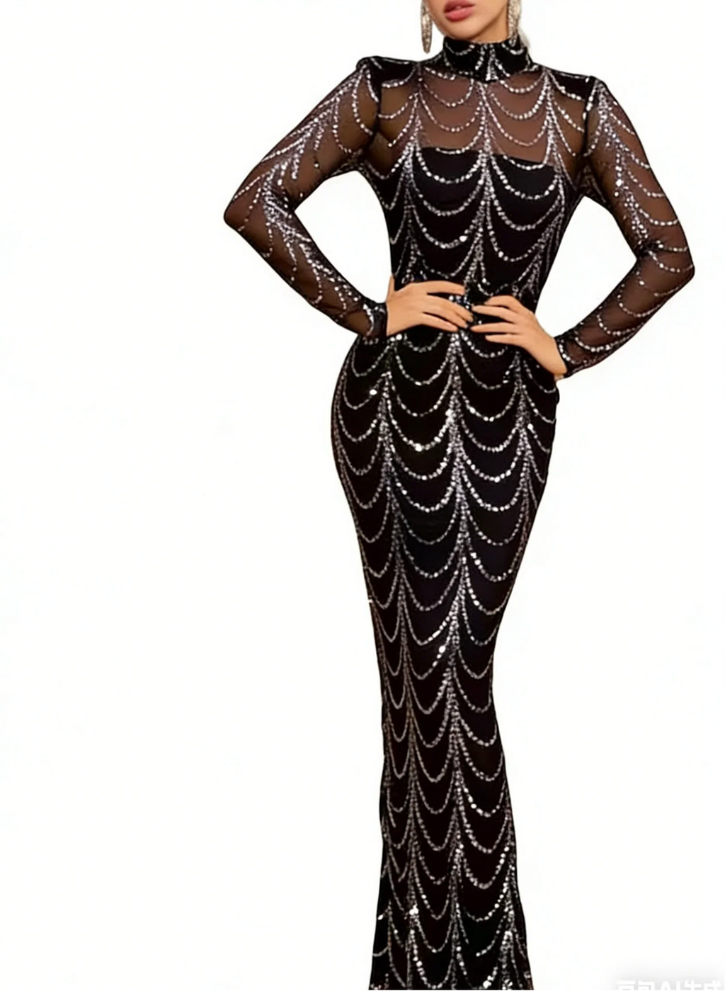 Vestido de noche estilo sirena con cuello alto, malla y mangas largas, con lentejuelas plateadas y negras