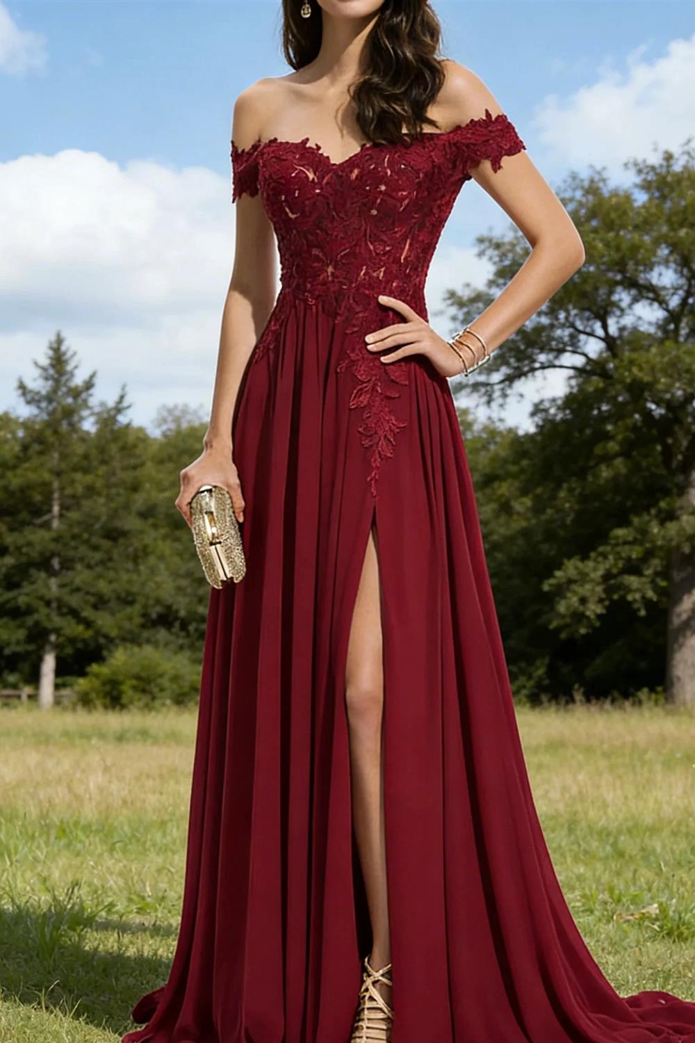 Burgundy Off-the-Shoulder Lace Evening Gown with Train (ZD16782)