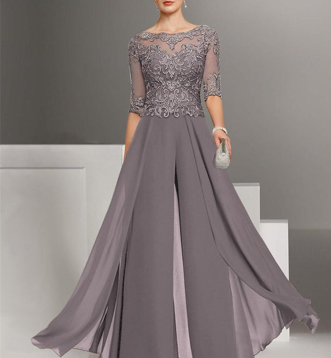 Chiffon half Sleeves Mother of the Bride Pantsuits with Lace Hover Image