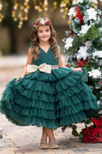 Enchanting Dark Green Tulle Ruffled Dress with Gold Bow