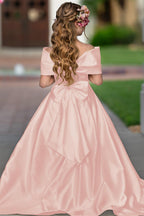 Elegant Ivory Satin Princess Ball Gown with Sweep Train and Bow for Flower Girls