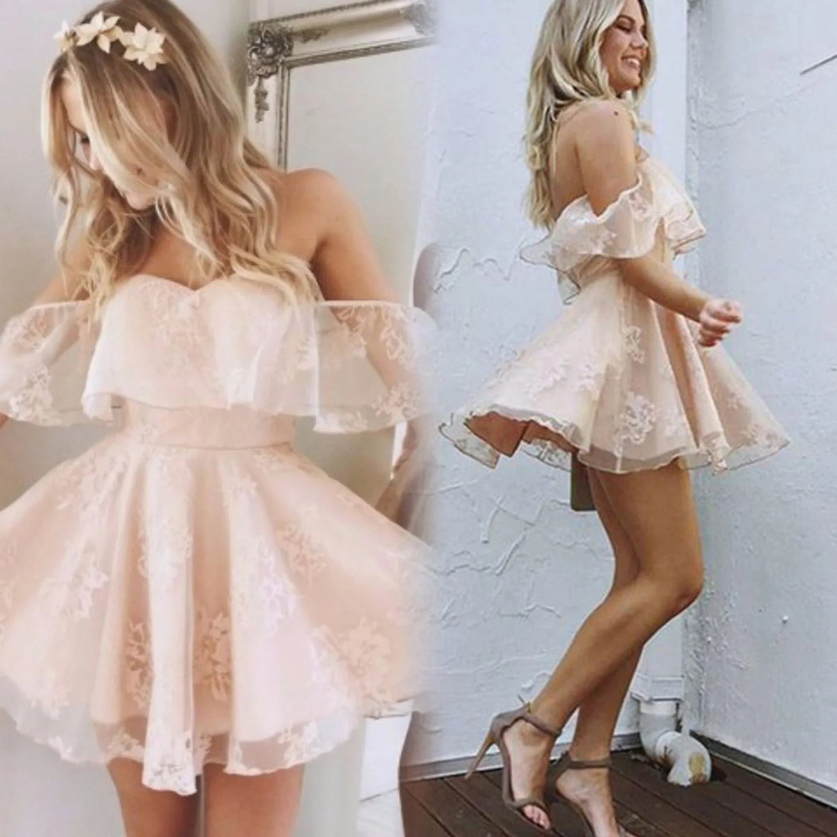 Robe de bal décolletée asymétrique dos nu avec dentelle