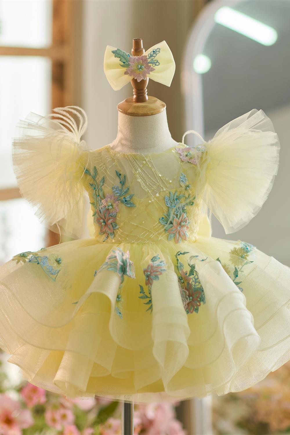 Floral Embroidery Puffy Sleeves Tulle Knee-length Baby Girl Dress