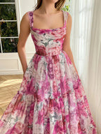 A Line Floral Pink Long Prom Dress by KissProm