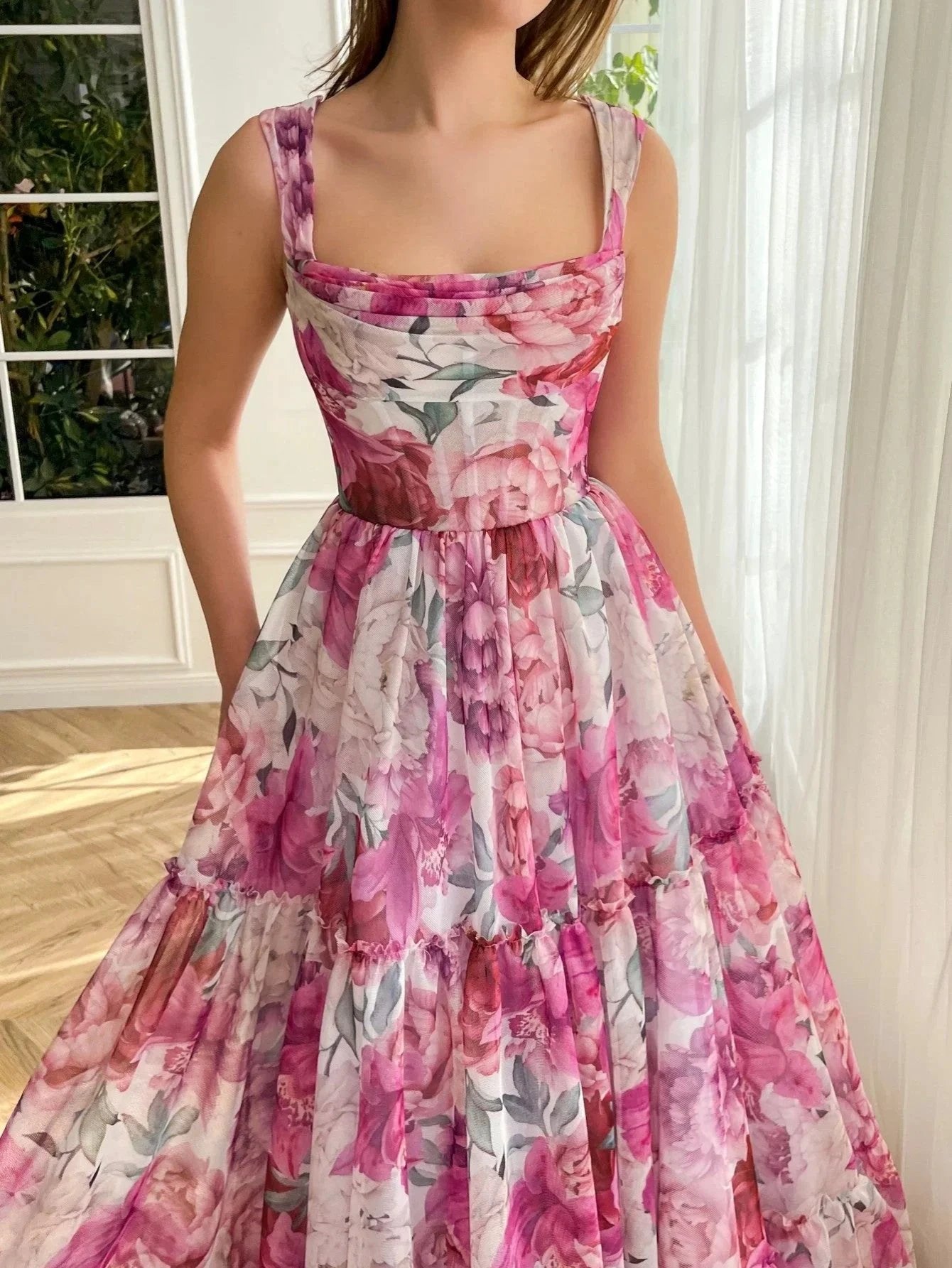 A Line Floral Pink Long Prom Dress by KissProm