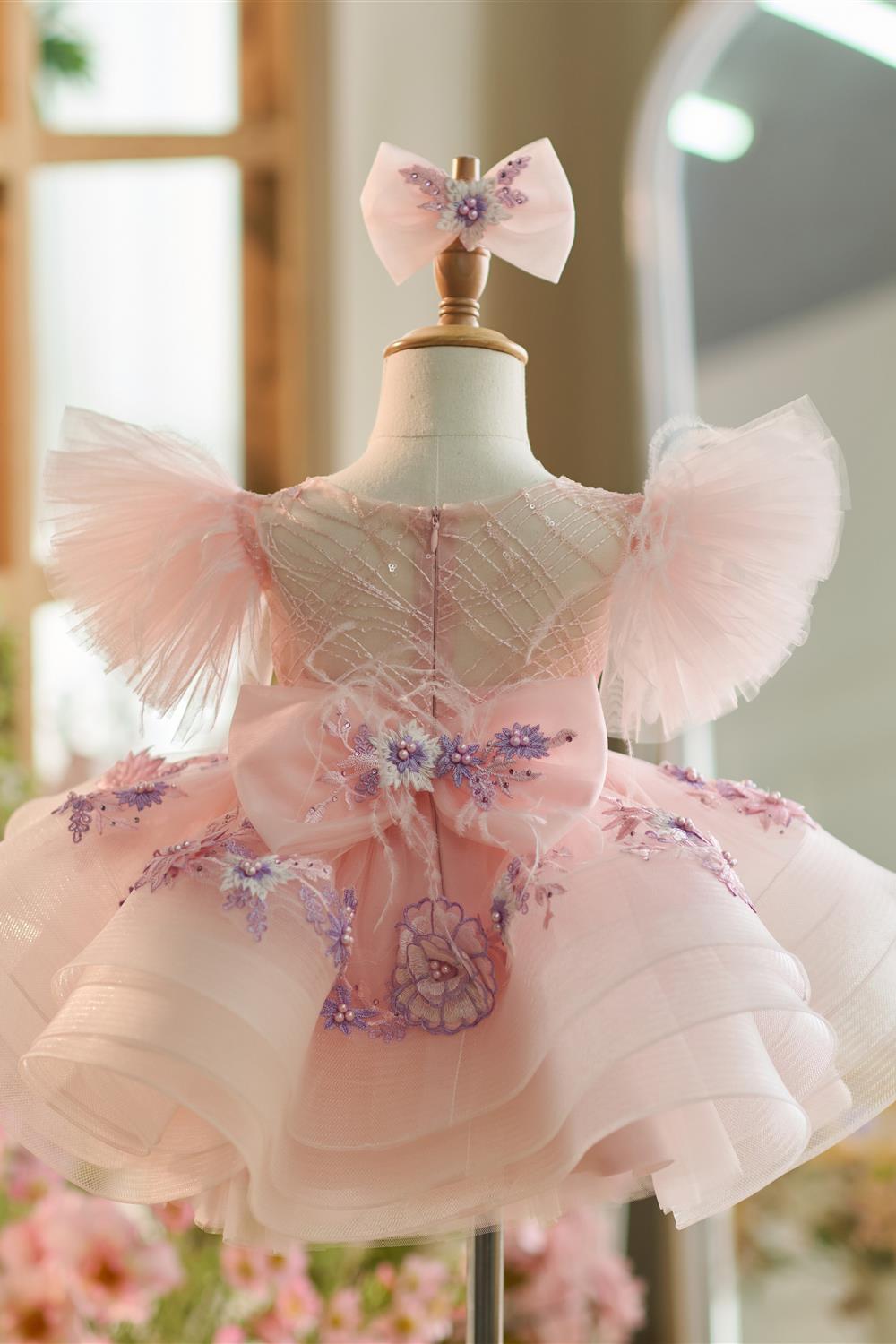Floral Embroidery Puffy Sleeves Tulle Knee-length Baby Girl Dress