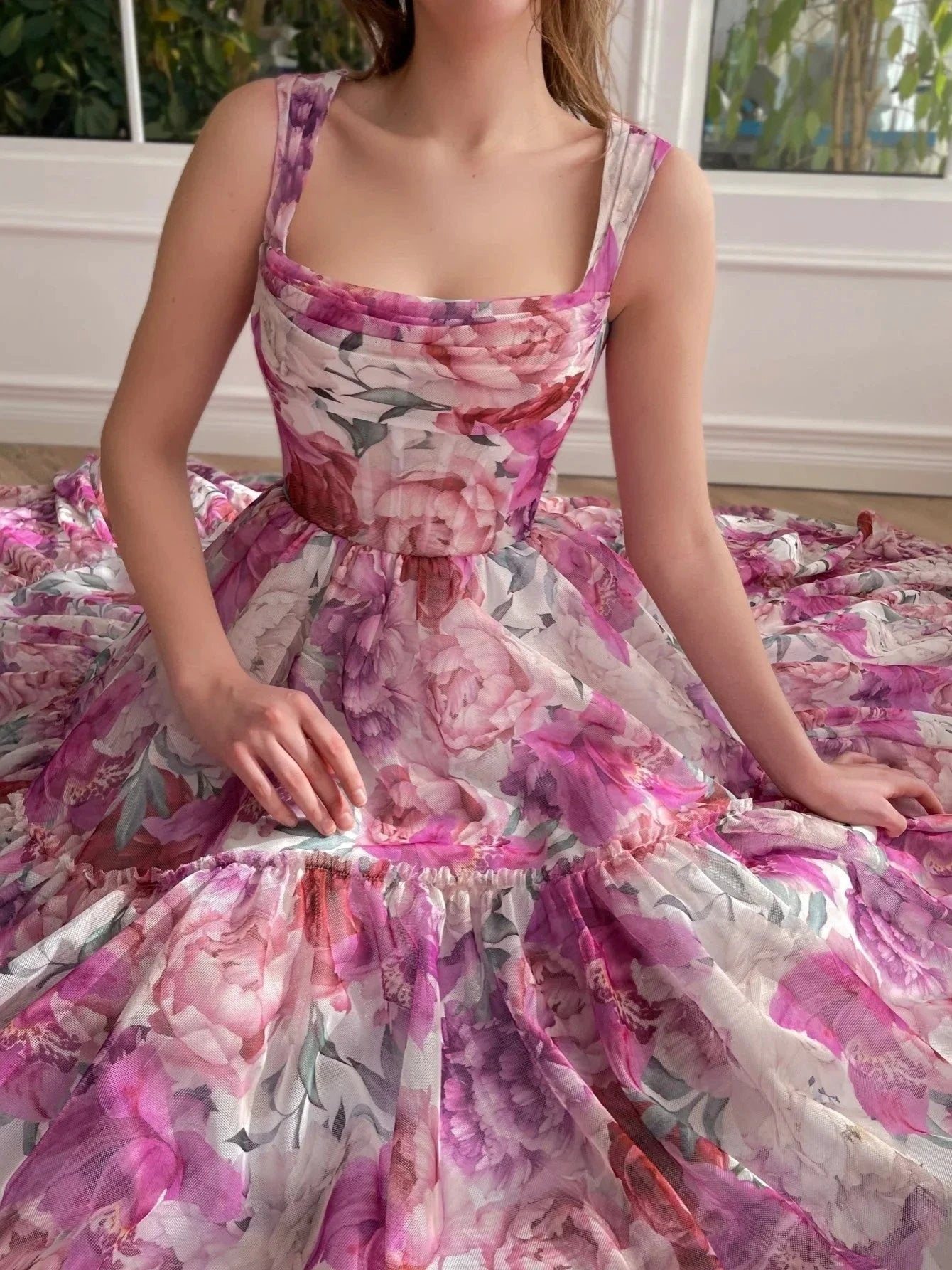 A Line Floral Pink Long Prom Dress by KissProm