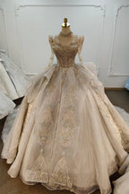 Magnifique robe de bal de mariage à col montant ornée de sequins avec broderie en cristal et manches longues transparentes Ye-2021