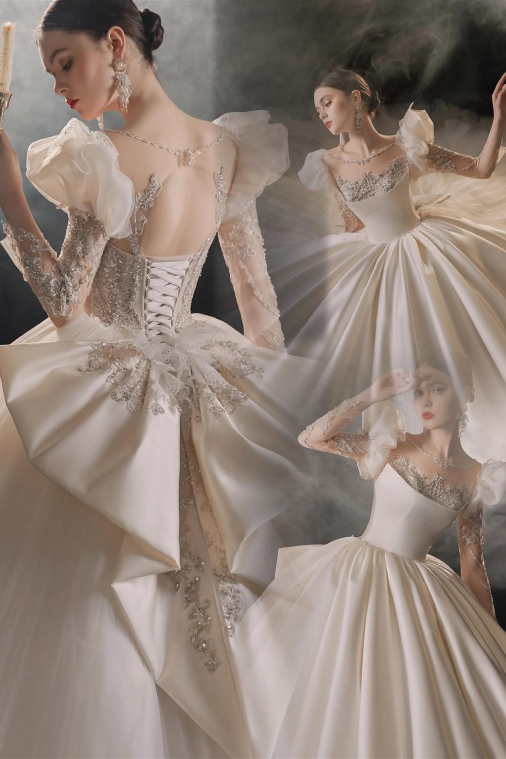 Regal Ball Gown Illusion Neckline Tulle Puff Sleeve Beaded Lace Wedding Dress with Oversized Bow Train E-304 (ZD16888)