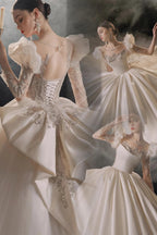Regal Ball Gown Illusion Neckline Tulle Puff Sleeve Beaded Lace Wedding Dress with Oversized Bow Train E-304 (ZD16888)