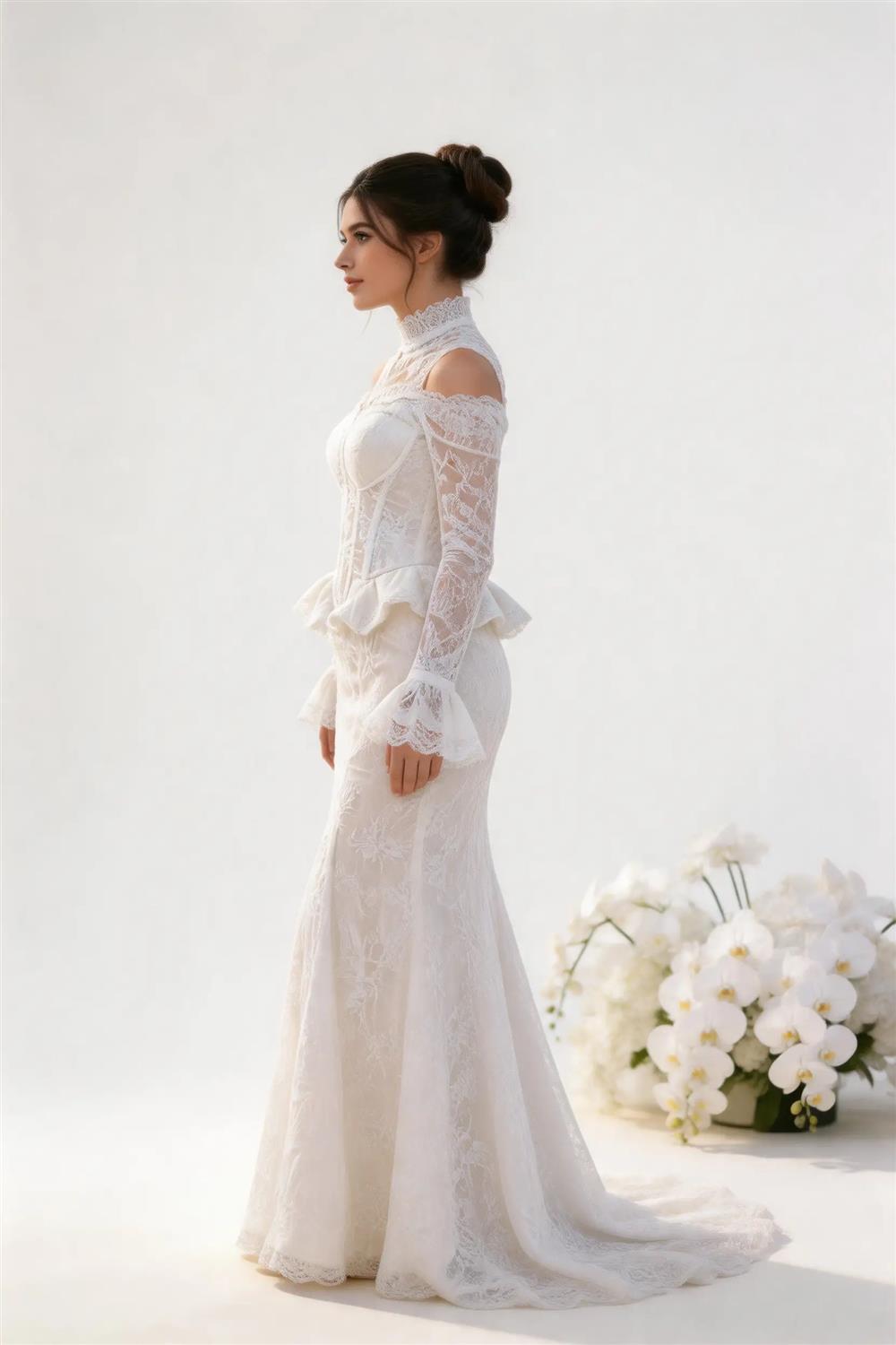 High-Neck Off-Shoulder Vintage Wedding Gown (ZD12821)