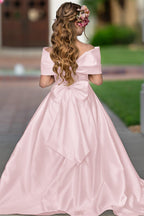 Elegant Ivory Satin Princess Ball Gown with Sweep Train and Bow for Flower Girls