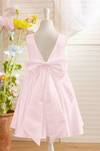 Elegant A-line Satin V-Back Bow Knee-length Flower Girl Dress