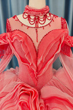 Abito da sposa a palloncino rosso corallo vivace con scollo a barca, applicazioni di rose tridimensionali e nappine di perline Ye-2036