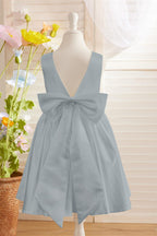 Elegant A-line Satin V-Back Bow Knee-length Flower Girl Dress