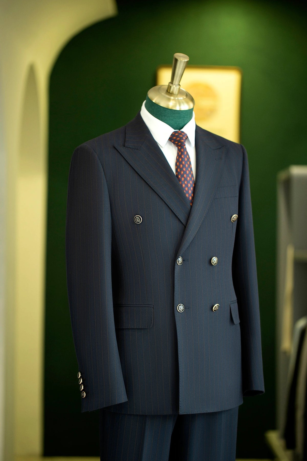 Traje de lana de rayas azul marino de doble botonadura para novios y negocios