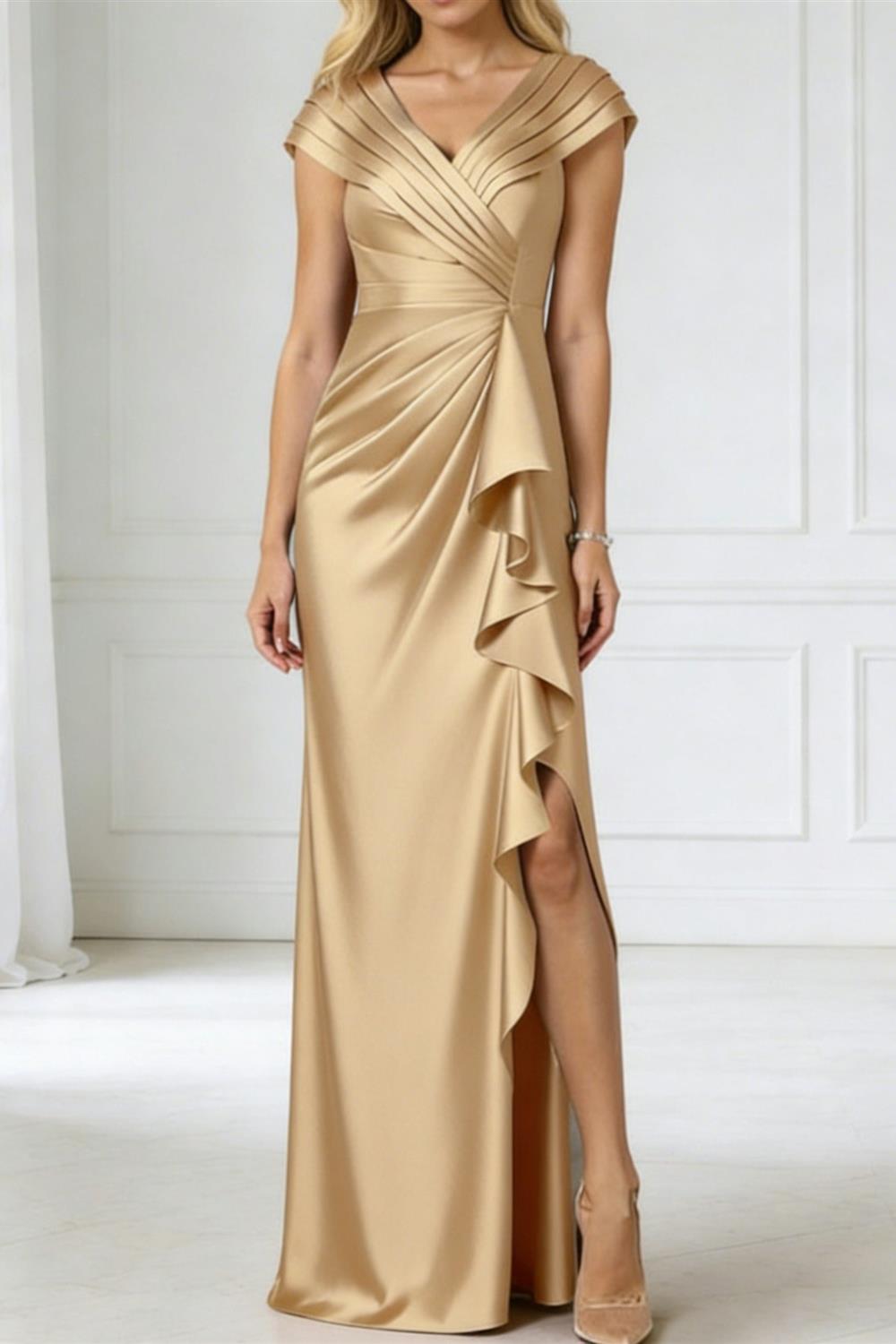 A-Line Chiffon Cape Sleeves Floor-Length Mother of the Bride & Groom Dresses with Rhinestones & Ruched Waist (SHI22500634)