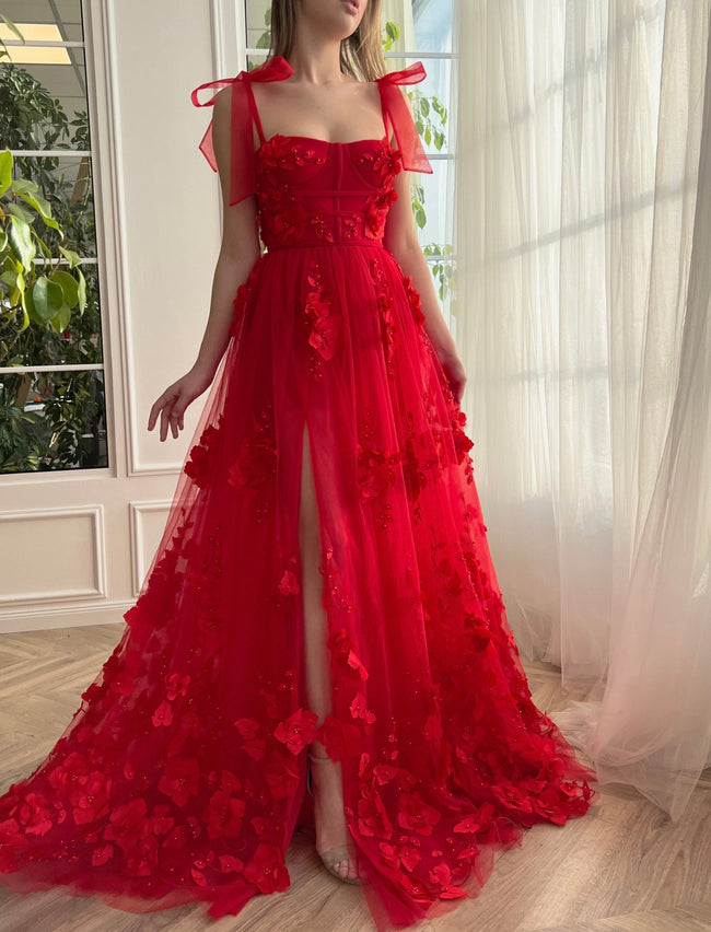 Cameron | Scarlet Lace A-line 3D Flower Long Prom Dress With Slit Hover Image