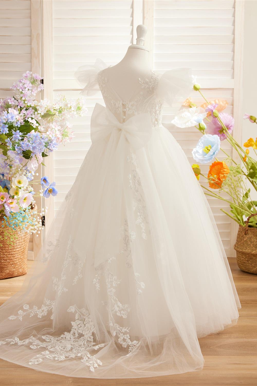 Detachable  Lace Tulle Sweep Train Flower Girl Dress