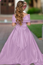 Elegant Ivory Satin Princess Ball Gown with Sweep Train and Bow for Flower Girls