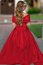 Elegant Ivory Satin Princess Ball Gown with Sweep Train and Bow for Flower Girls