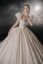 Regal Ball Gown Illusion Neckline Tulle Puff Sleeve Beaded Lace Wedding Dress with Oversized Bow Train E-304 (ZD16888)
