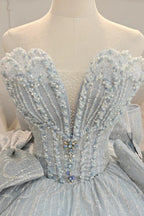 Robe de mariée bleu clair rêveuse à corsage en cœur, jupon bouffant avec tulle à paillettes, perles et grand nœud Ye-2029