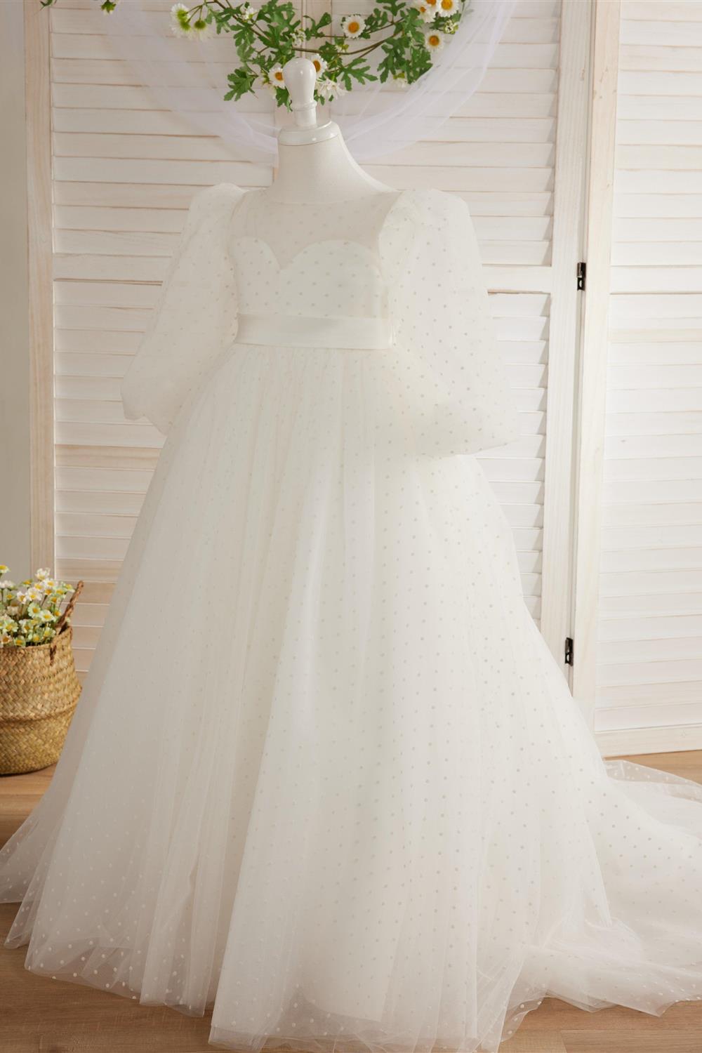 Elegant Polka Dot Tulle Puff Sleeve Sweep Train First Communion Flower Girl Dress
