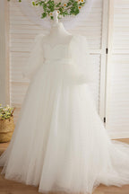 Elegant Polka Dot Tulle Puff Sleeve Sweep Train First Communion Flower Girl Dress