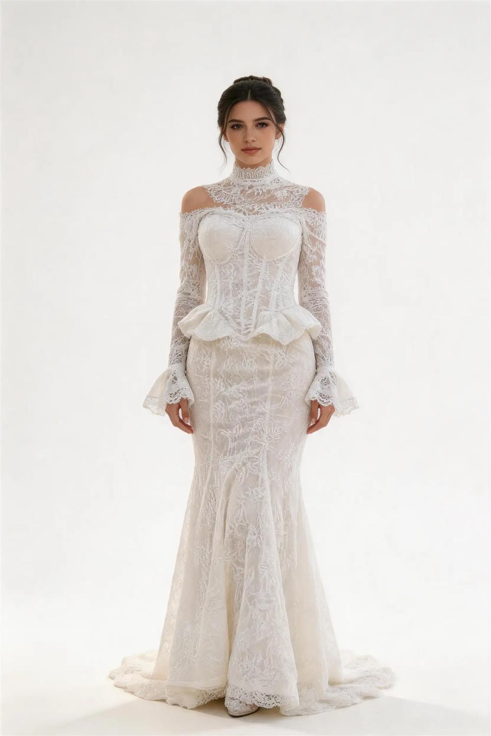 High-Neck Off-Shoulder Vintage Wedding Gown (ZD12821)
