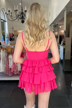 Vestido de fiesta rosa intenso con tirantes finos y corte en A, Y2287