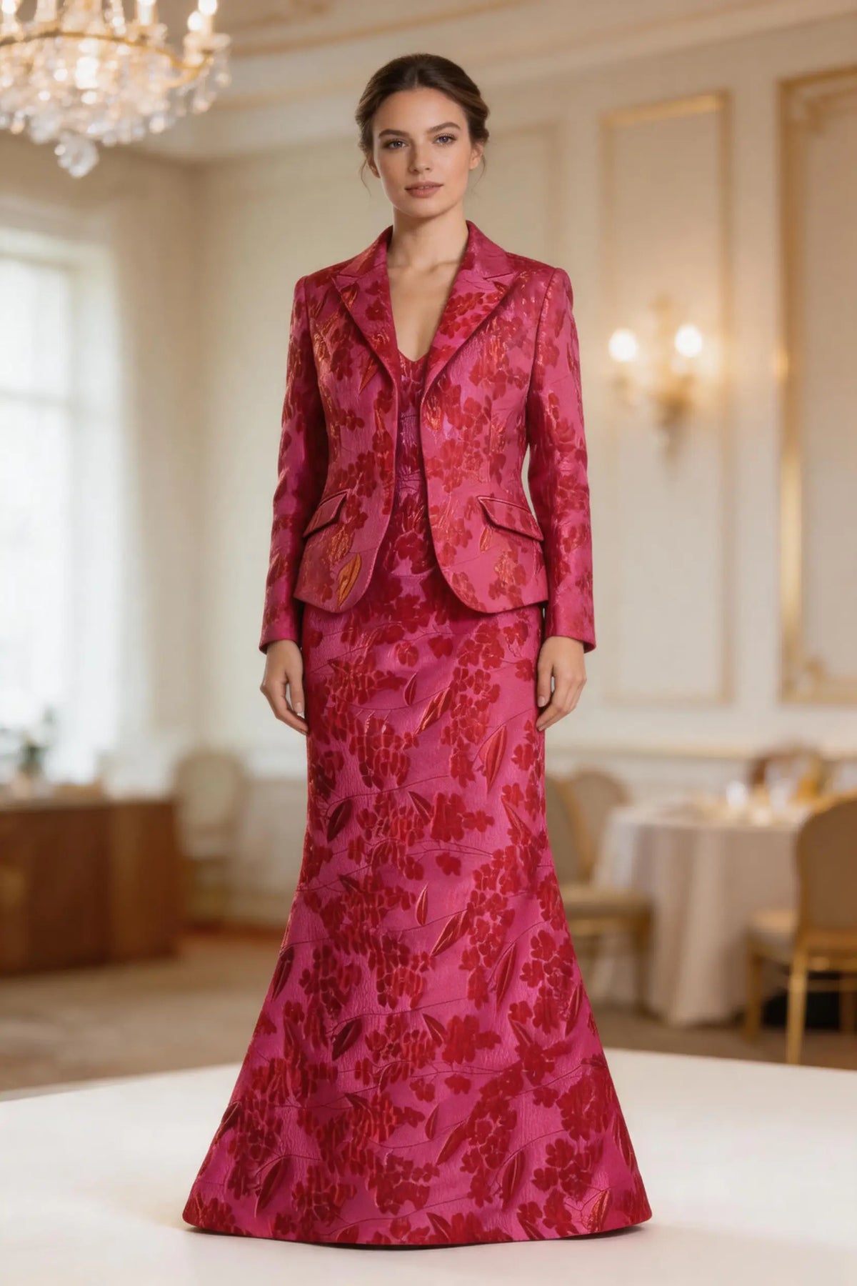 Olive Green Floral Jacquard Suit for Women — Single-Button Tailored Blazer and Knee-Length Pencil Skirt, Elegant Wedding & Evening Mother’s Dress (ZD17075)