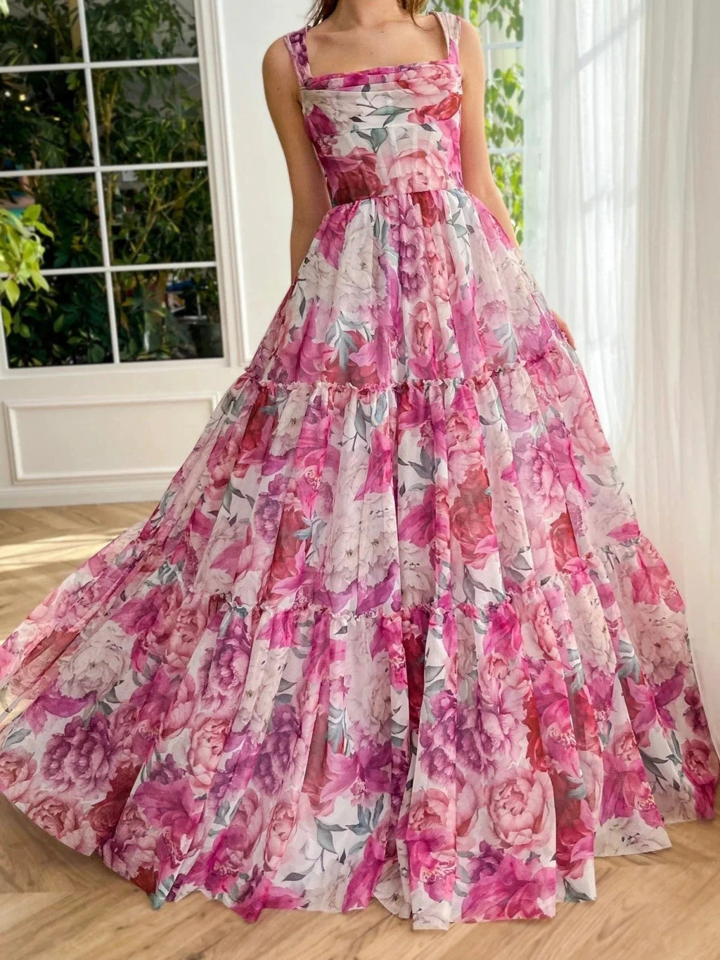 A Line Floral Pink Long Prom Dress by KissProm