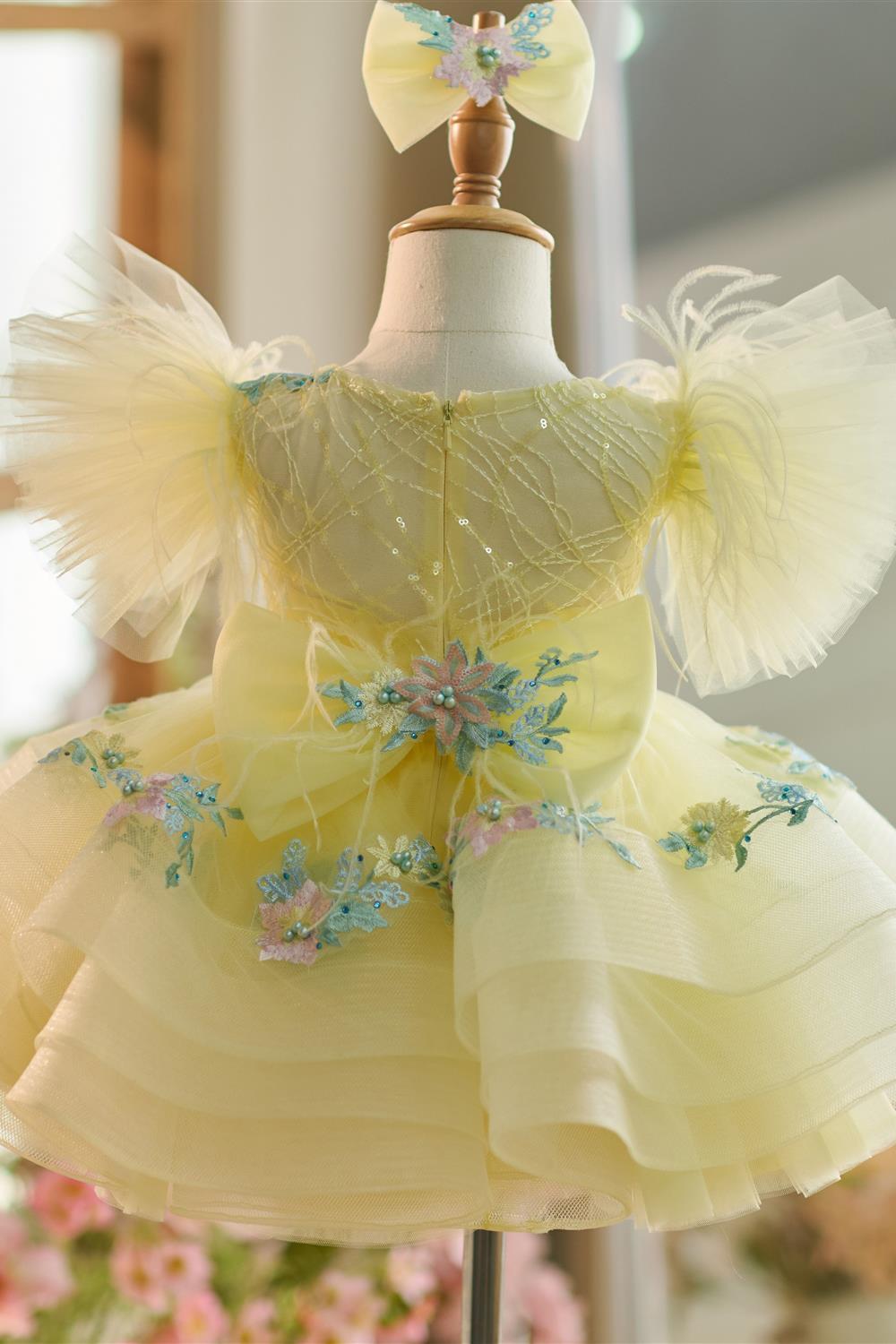 Floral Embroidery Puffy Sleeves Tulle Knee-length Baby Girl Dress