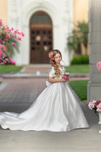 Elegant Ivory Satin Princess Ball Gown with Sweep Train and Bow for Flower Girls