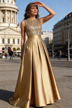 A-Line/Princess Scoop Neck Pleated Satin Evening Dresses with Sequins (SHI22500066)