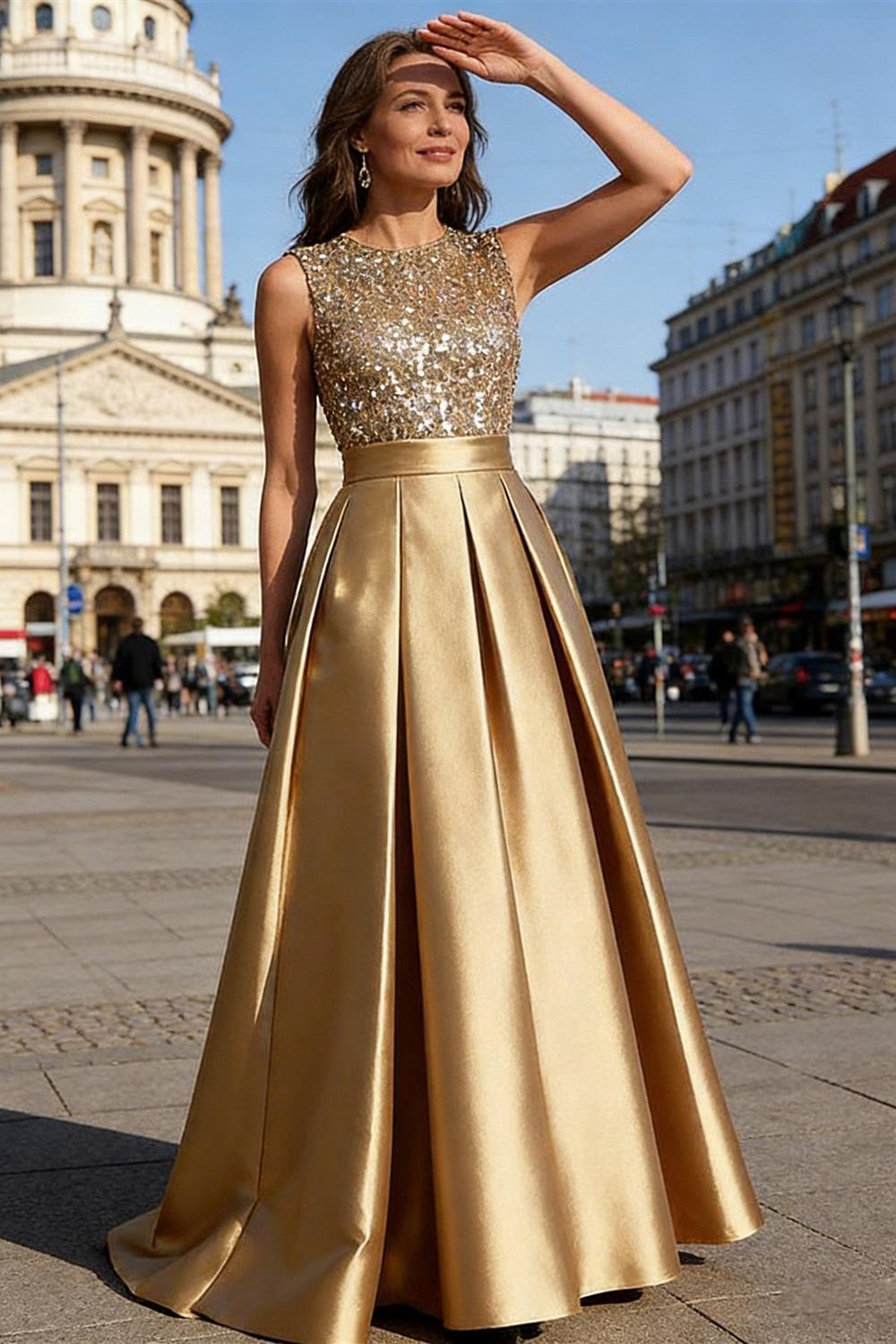 A-Line/Princess Scoop Neck Pleated Satin Evening Dresses with Sequins (SHI22500066)