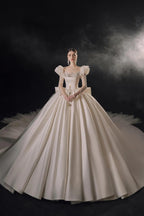 Regal Ball Gown Illusion Neckline Tulle Puff Sleeve Beaded Lace Wedding Dress with Oversized Bow Train E-304 (ZD16888)