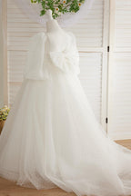 Elegant Polka Dot Tulle Puff Sleeve Sweep Train First Communion Flower Girl Dress