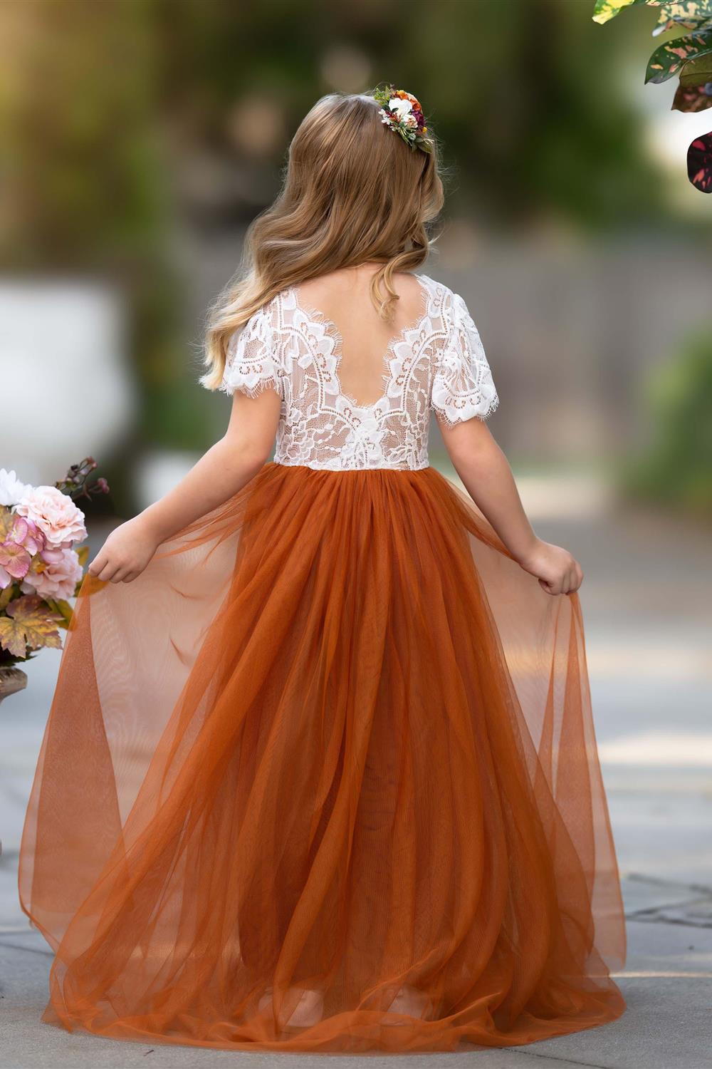 Lace Ankle-length Burnt Orange Boho Flower Girl Dress